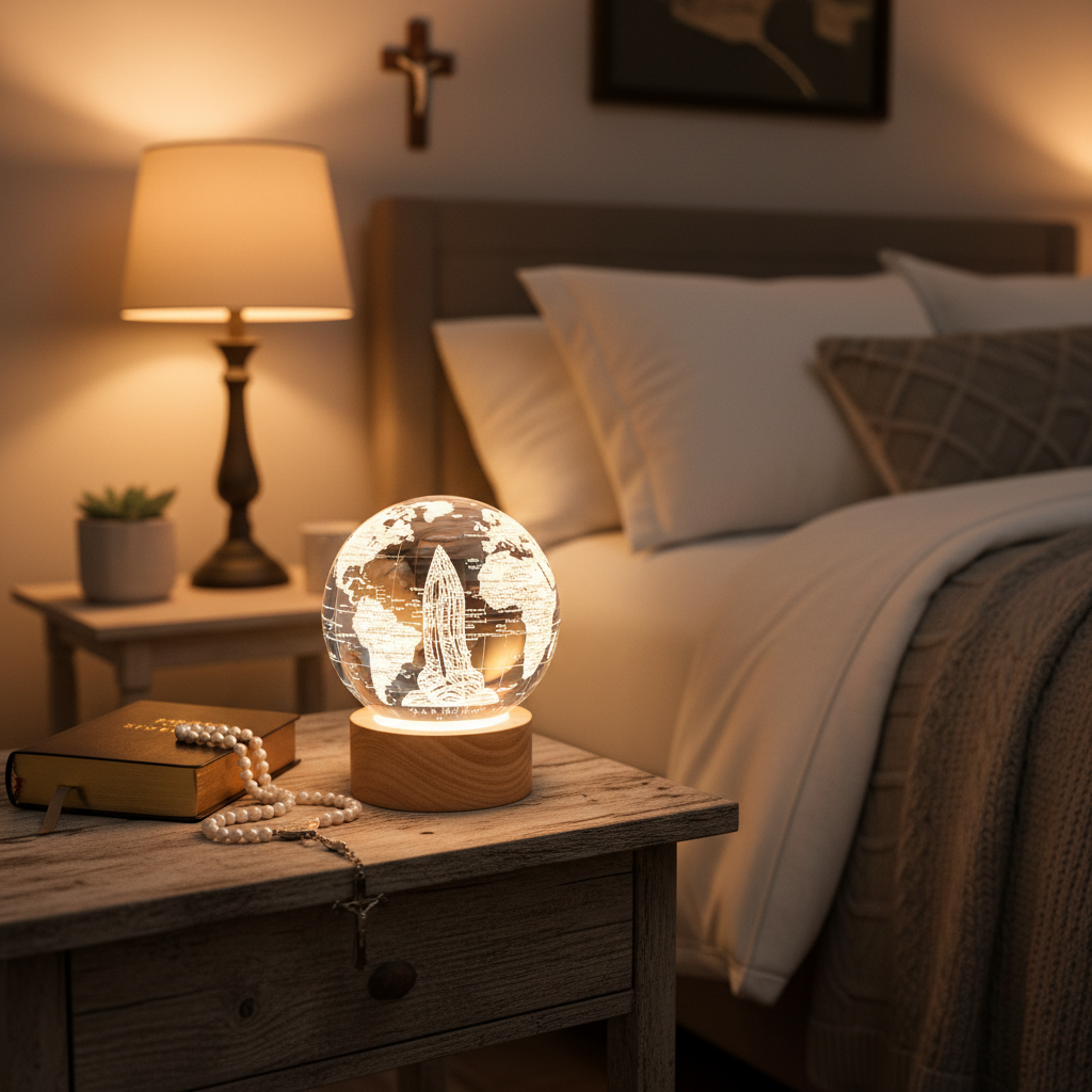 Divine Light 3D Crystal Prayer Globe in cozy bedroom lifestyle setting