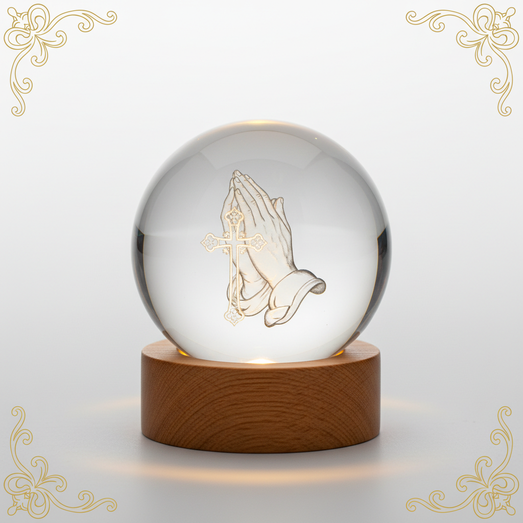 Divine Light 3D Crystal Prayer Globe on warm white LED wooden base