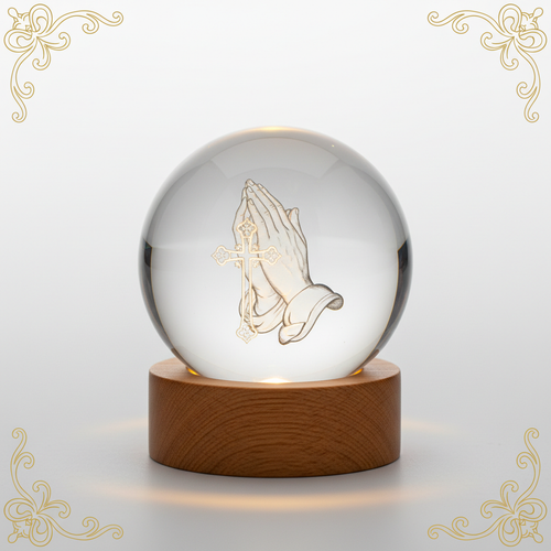 Divine Light 3D Crystal Prayer Globe on warm white LED wooden base